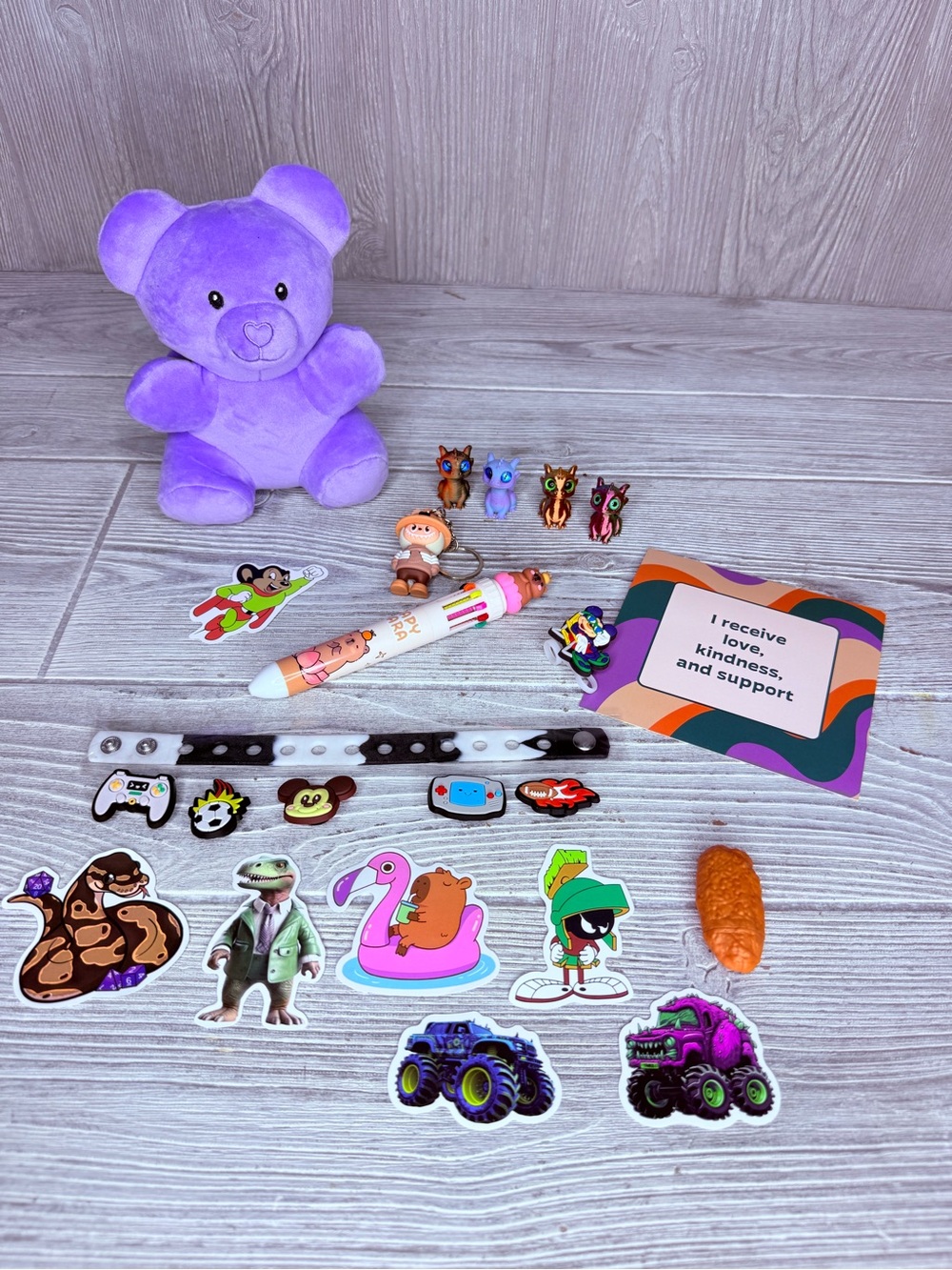 Plush bear bundle keychain, stickers, croc charm bracelet dragons nugget pen